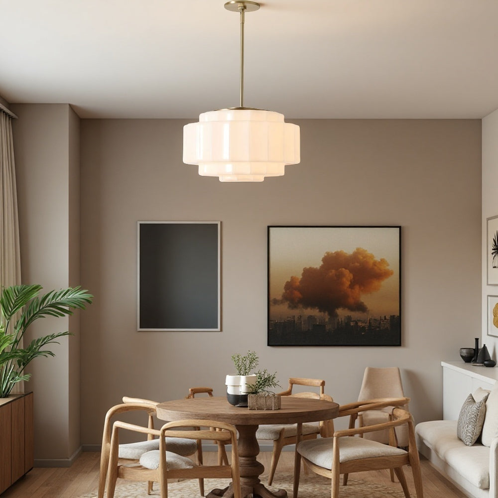 Tiered Milk Pendant Light - Antique Brass Glass Light Fixture